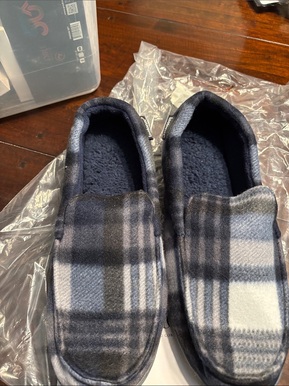 isotoner Men’s Navy and Gray Plaid Slip-On Plush Slippers